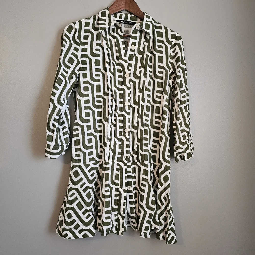 Zara linen blend geometric print collared Mini Dress Size Small - Picture 2 of 5